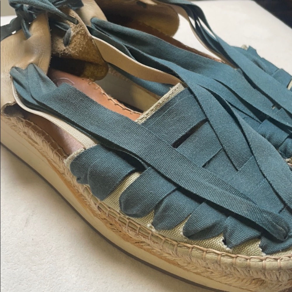 Anthropologie Teal Fringe Espadrille Sandals